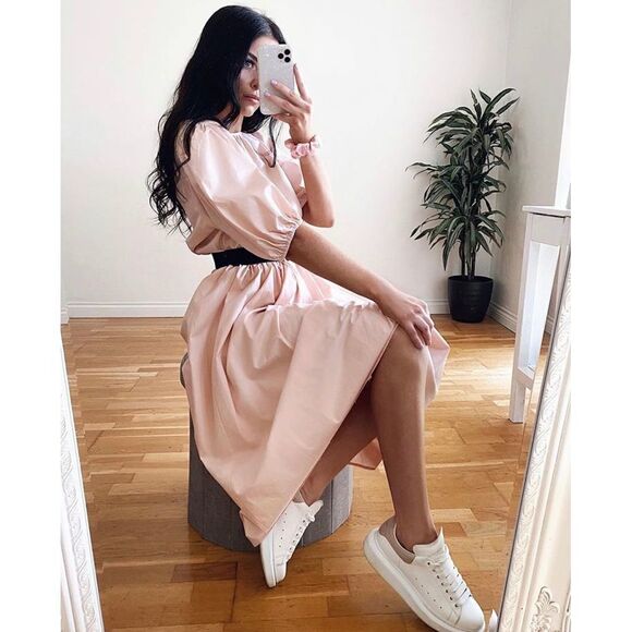 Calf-length Dress Dusty Pink Cotton M NWT Wide Cut - Picture 1 of 8